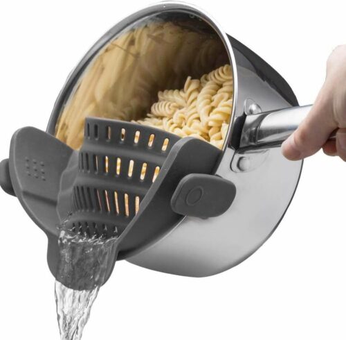 Kitchen Gizmo Snap N' Strain - Silicone Pasta Strainer Clip-On for Pots and Pans - Heat Resistant Colander for Vegetables and Noodles - Kitchen Gadgets for Cooking - Space-Saving Design - Grey