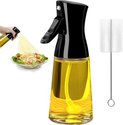 Olive Oil Sprayer for Cooking, 180ML Glass Oil Dispenser Bottle with Brush, Canola Oil Vinegar Spray Mister for Kitchen, Refillable Gadgets Accessories Widely Used for Air Fryer, Baking, Grilling